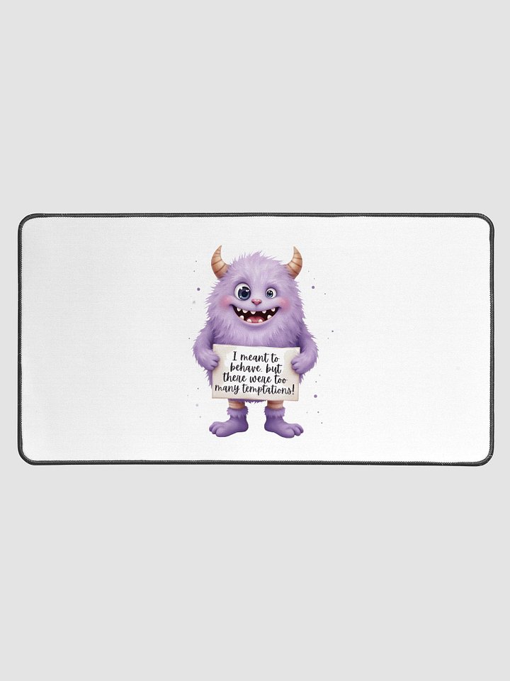 Purple Monster Desk Mat | "Too Many Temptations" Funny Office Décor | Sarcastic Workspace Mousepad product image (1)