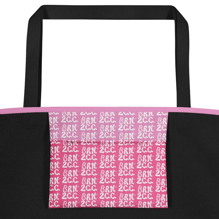 BOURNE to Cape Cod™ | Large Tote Bag with Pocket | Coastal Classic | All-Over Logo Print | White Logo on Pink Stripes product image (2)