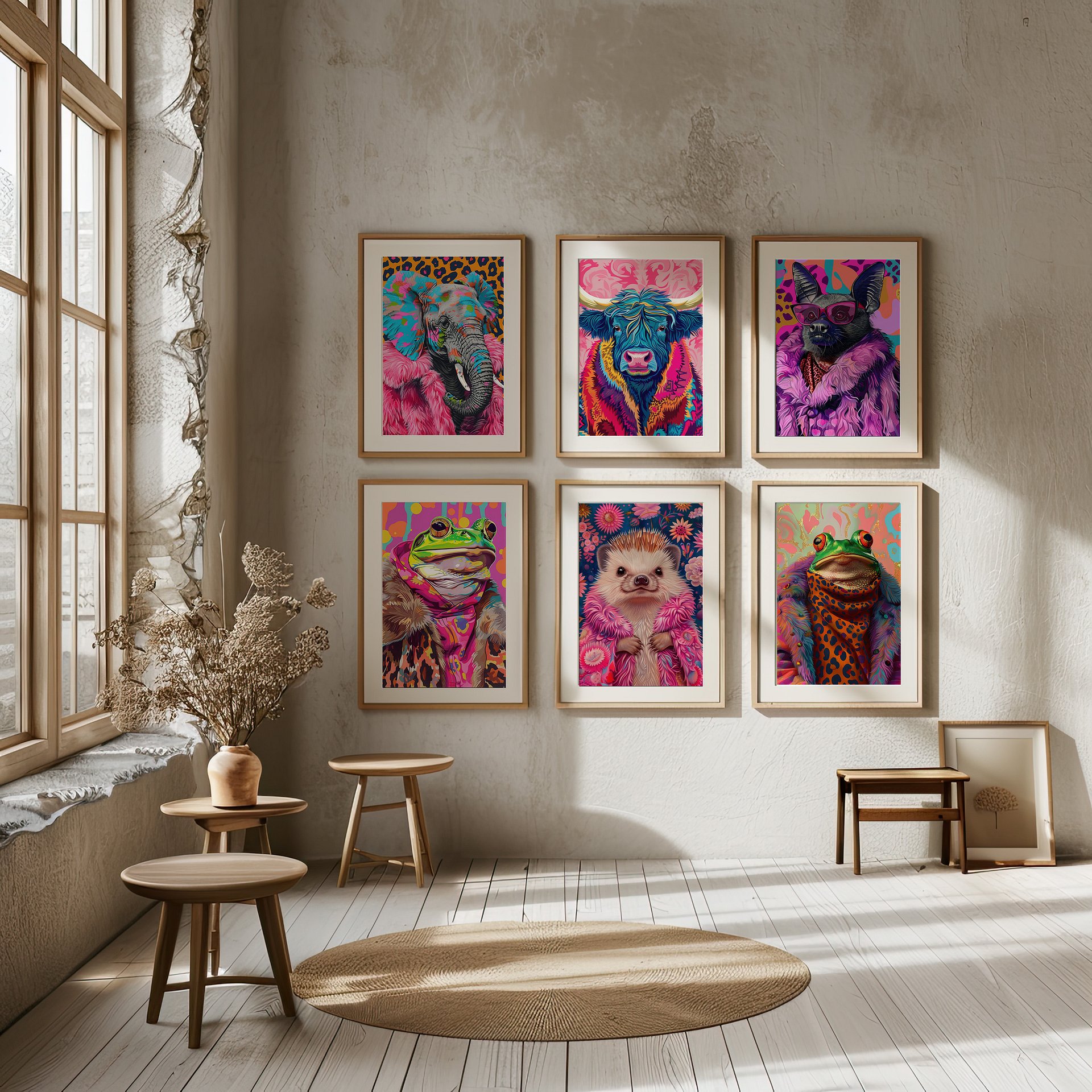 Anthropomorphic Animal Fashion Art DIGITAL Print Set of 6 ~ Frog, Toad, Highland Cow, Hedgehog, Bat, Elephant ~ product image (11)