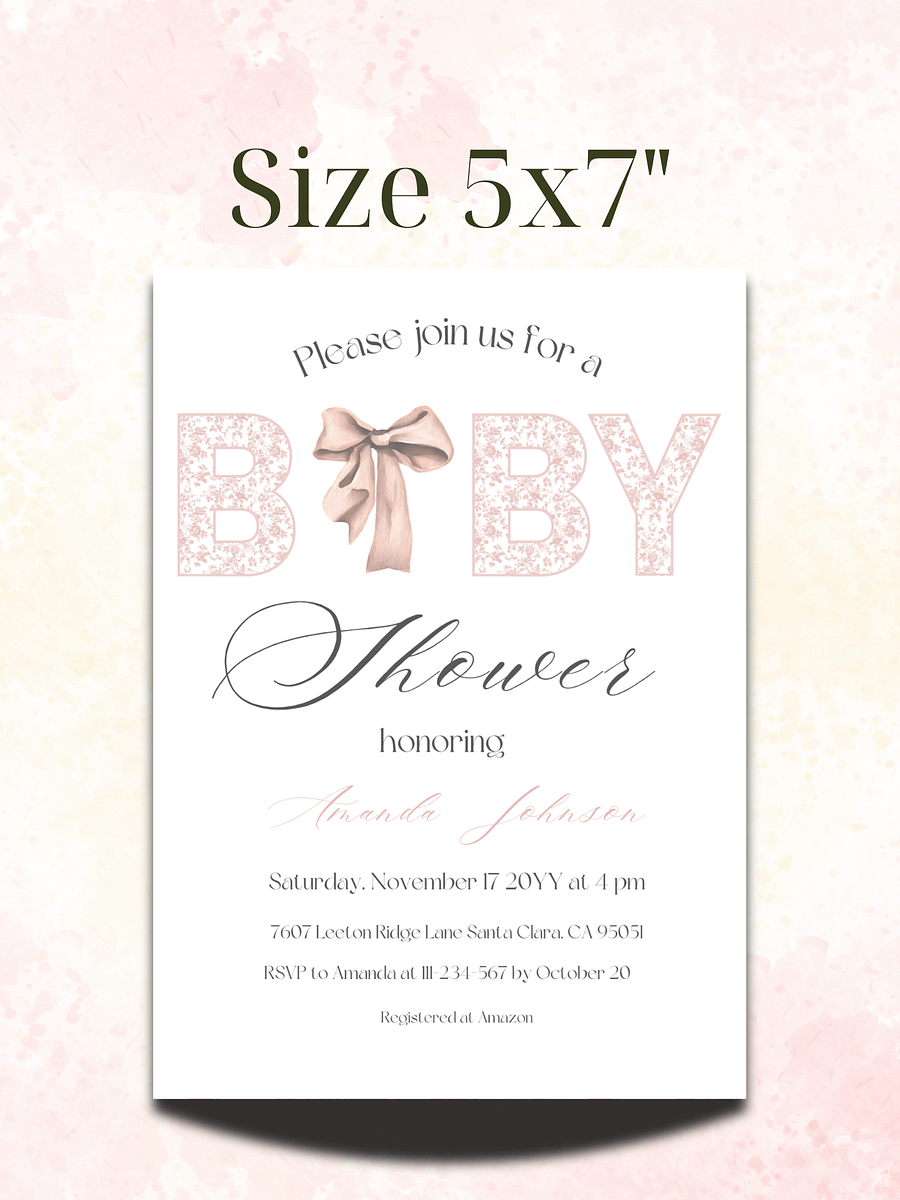 Minimalist Pink Bow Toile de Jouy Baby Shower Invitation, Chinoiserie Floral Themed Girl Baby Shower Invite for Digital Download product image (4)
