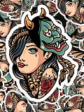 Sticker - Tattooed Lady with Japanese Oni Mask product image (1)