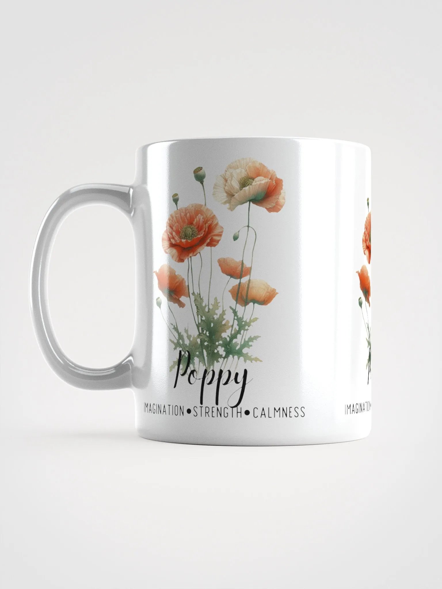 Poppy Ceramic White Mug: Imagination, Strength, Calmness August Birth Month Flower product image (8)