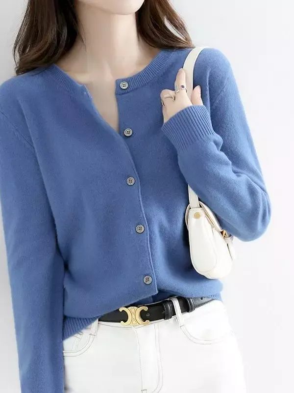 Women's Cashmere Blend Cardigan Sweater Solid Color Simple Crew Neck Jacket Coat product image (6)