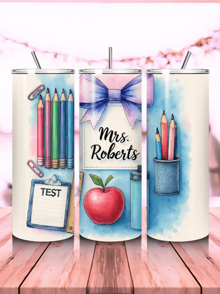 Customizable Teacher Tumbler Wrap PNG – 20oz Skinny Sublimation Design with Editable Name Area, School Icons & Appreciation Quote – Perfect Personalized Gift – 300 DPI Instant Digital Download product image (1)