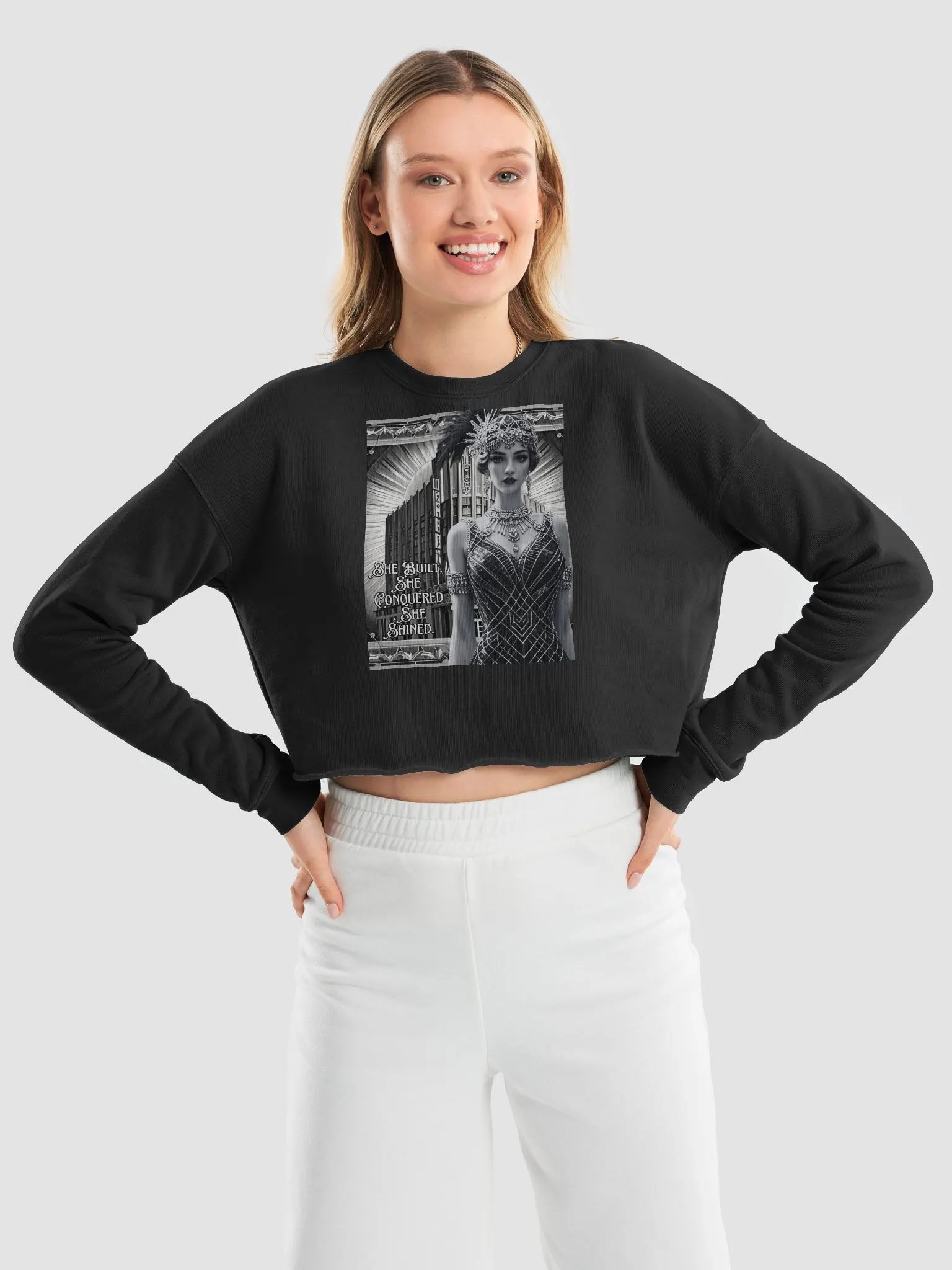 She Built, She Conquered, She Shined – 1920s Glamour Cropped Long Sleeve T-Shirt product image (9)