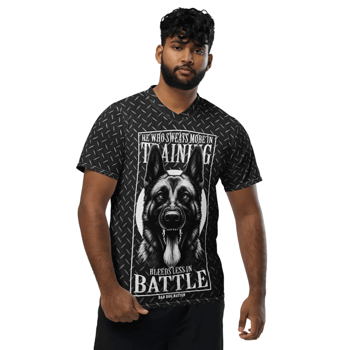 He Who Sweats More in Training Bleeds Less in Battle - Recycled unisex sports jersey product image (1)