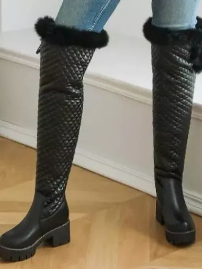 New Women's Round Toe Shoes Block Heels Zipper Faux fur Warm Over the Knee Boot product image (5)