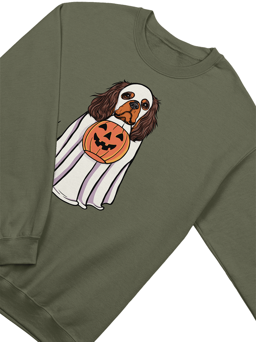 Funny Halloween Cavalier King Charles Spaniel(Brown & Tan) Sweatshirt | Funny Cavalier Wearing a Ghost Costume and Holding a Pumpkin Basket product image (18)