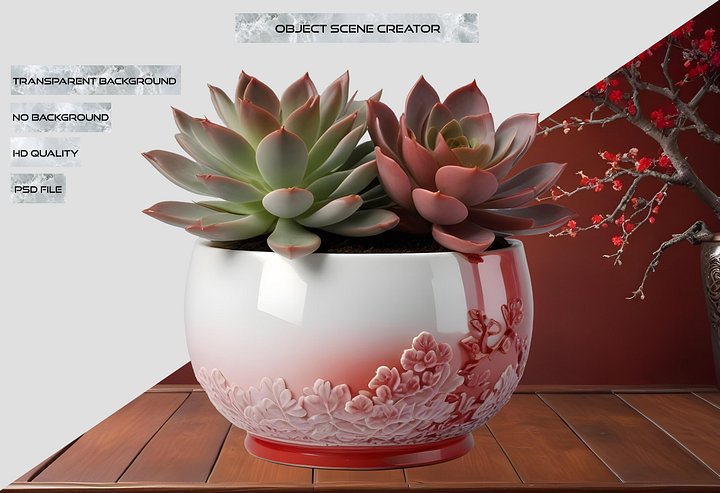 Chinese Porcelain Pot with Succulents – Red Gradient Floral Design PNG product image (2)