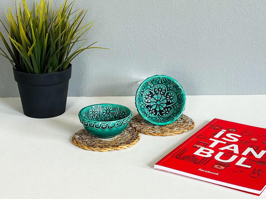 Ceramic snack bowl (8 cm), turquoise/green/emerald — handmade pottery product image (4)