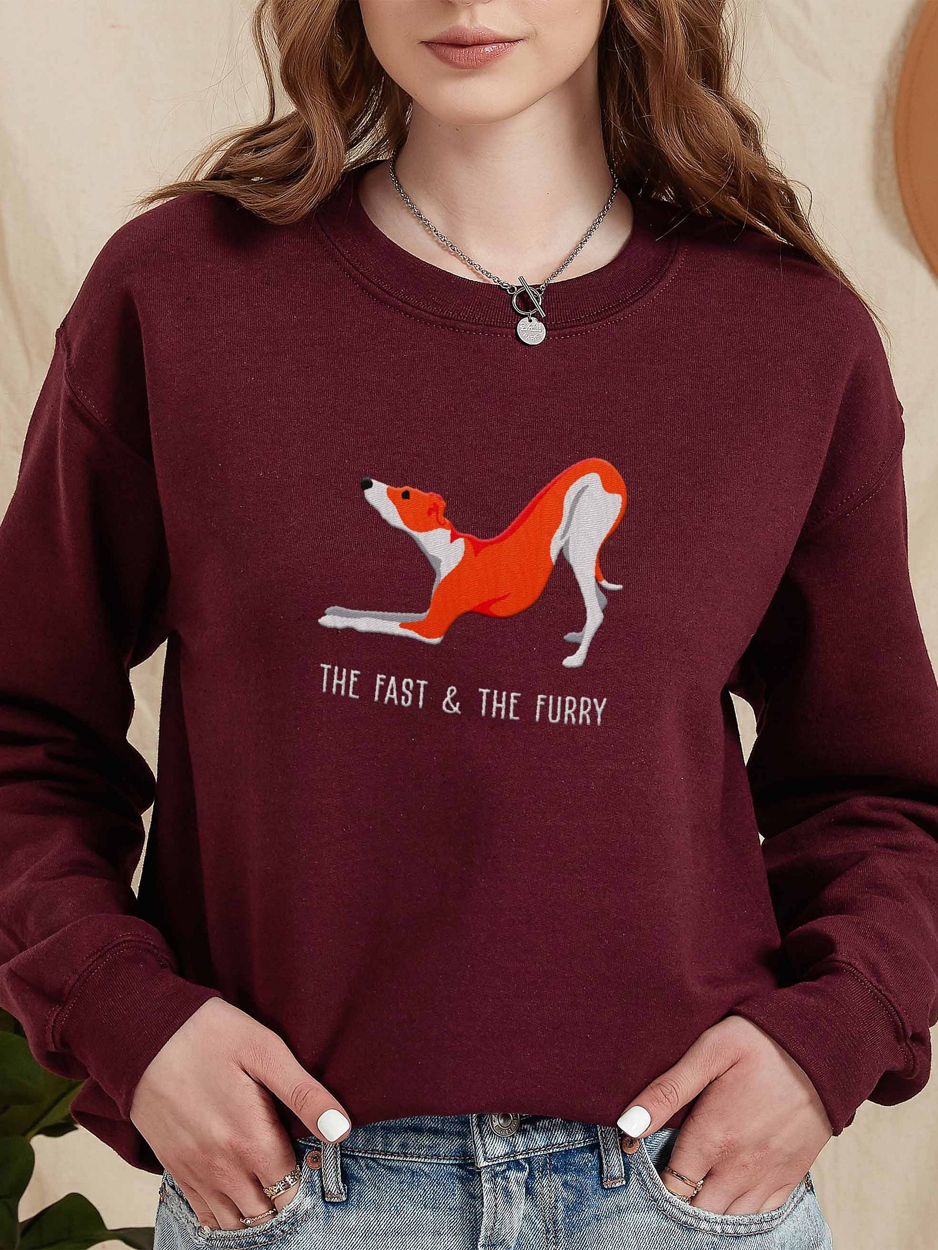 The Fast & the Furry Sweatshirt (Embroidered) of an Italian Greyhound(Red & White) product image (2)
