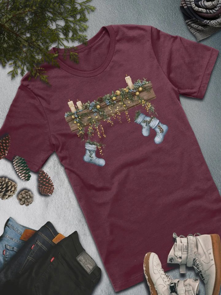 Festive Mantel Stockings T-Shirt – Cozy Winter Decor Style product image (2)