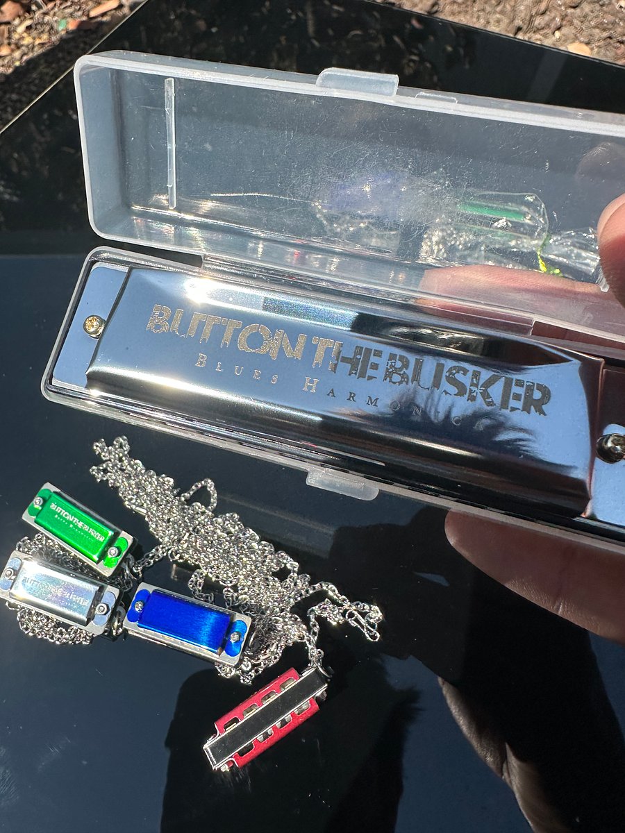 SIGNED Button the Busker Blues Harmonica + 4 Mini Harmonica Keychain/Necklace product image (1)