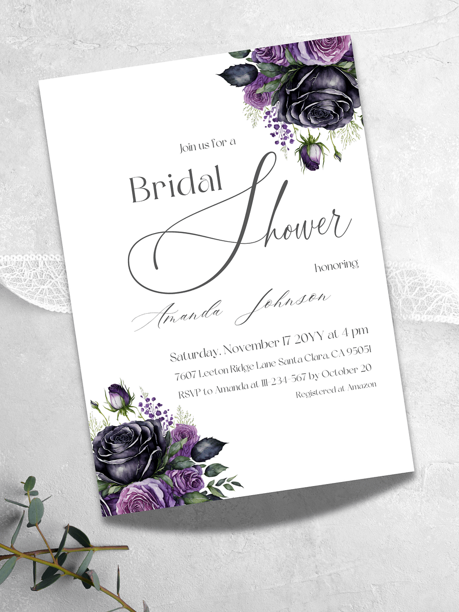 Rustic Bridal Shower Invitation, Black Rose Floral Wedding Shower Invite Canva Template, Printable Garden Party Theme Idea, Digital Download product image (1)