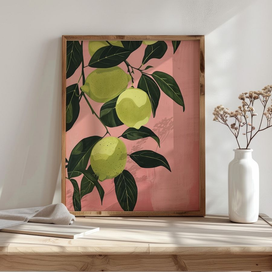 Lime Lemons on Pink Pastel Kitchen Wall Art Print product image (22)