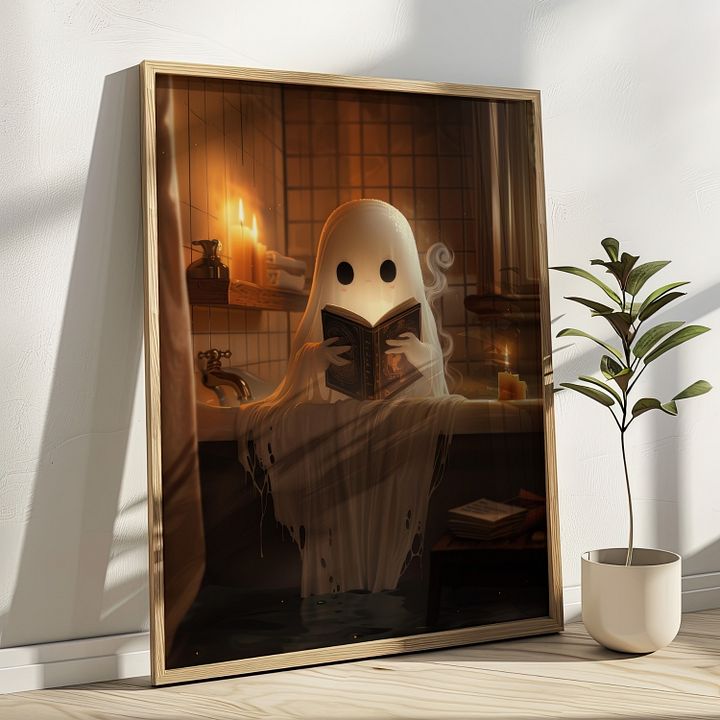 Cute Ghost Reading a Book in The Bathroom Halloween Art Print product image (18)
