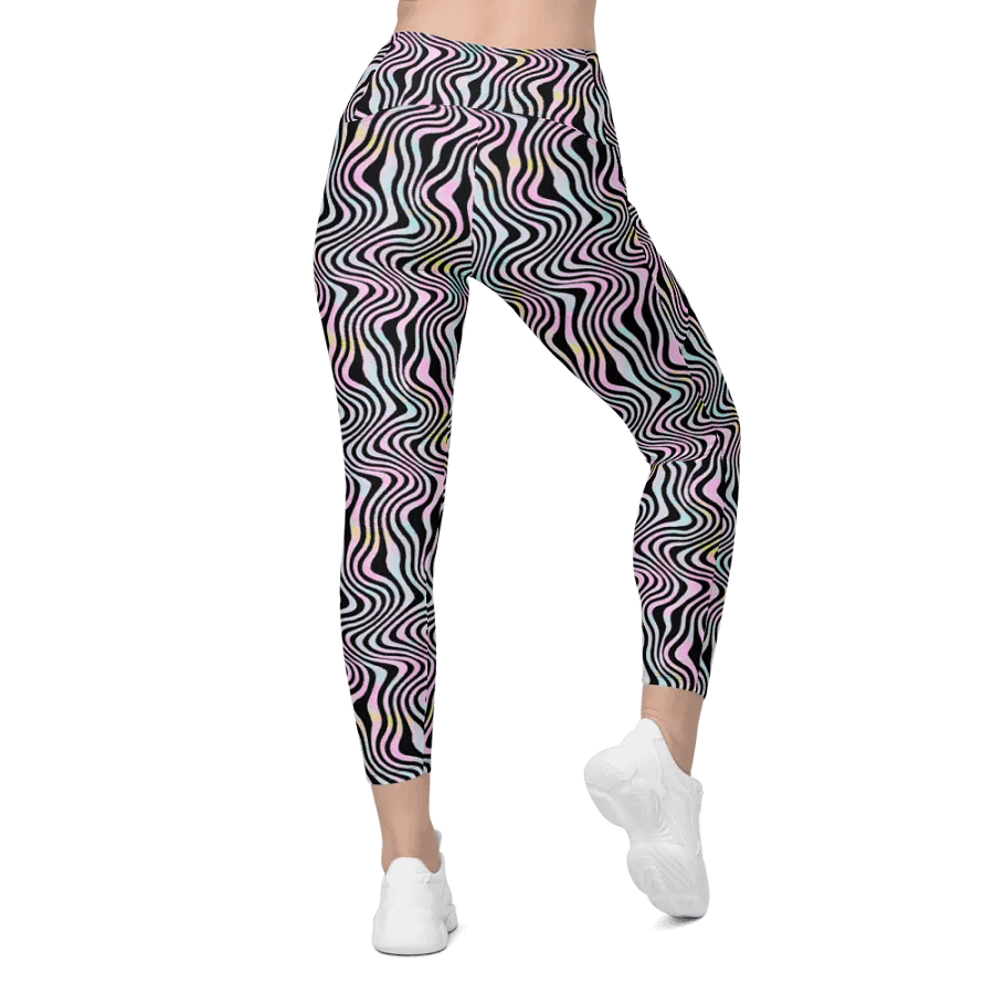 All over print leggings with pockests in wavy pink black and turuoise design. product image (2)
