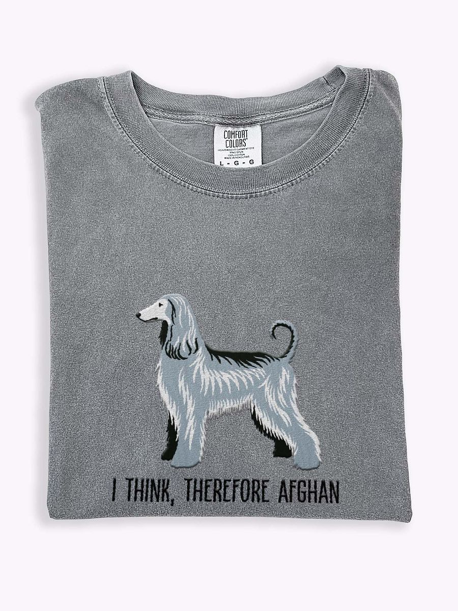 I Think, Therefore Afghan T-Shirt(Embroidered) of an Afghan Hound(Gray/Blue) product image (1)
