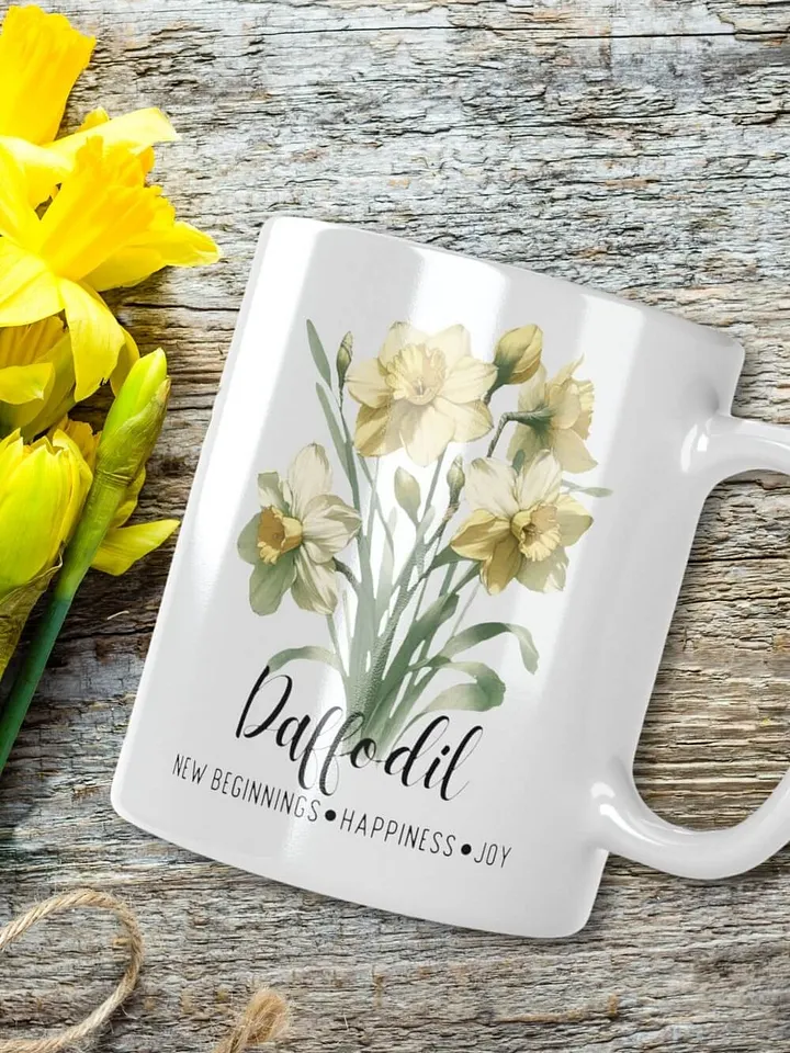 Daffodil Ceramic White Mug: New Beginnings, Happiness, Joy March Birth Flower product image (2)