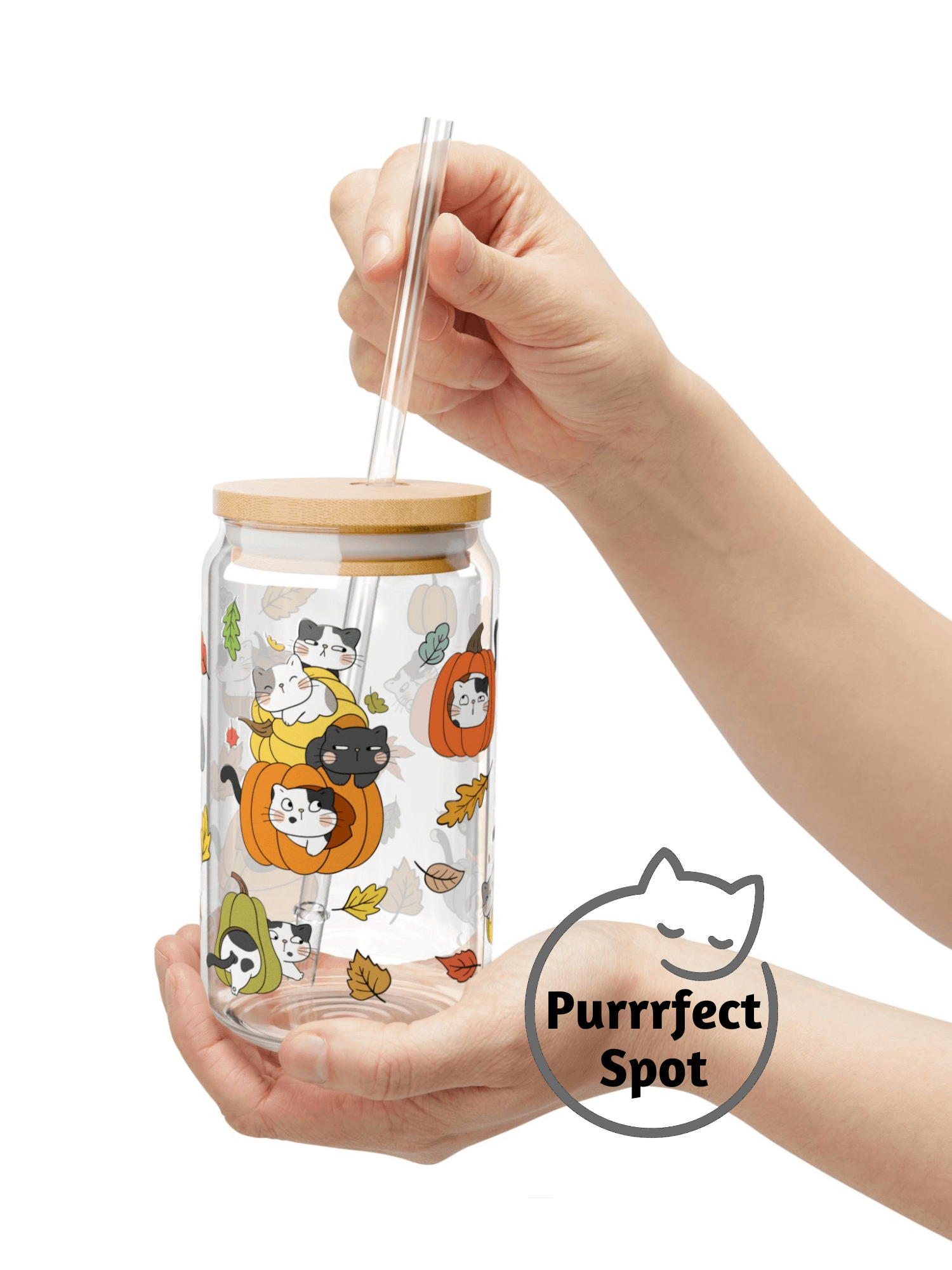 Fall Cats 16oz Glass Can Cup – Cute Autumn Pumpkin Cat Cup 🍂🐾🎃 product image (2)
