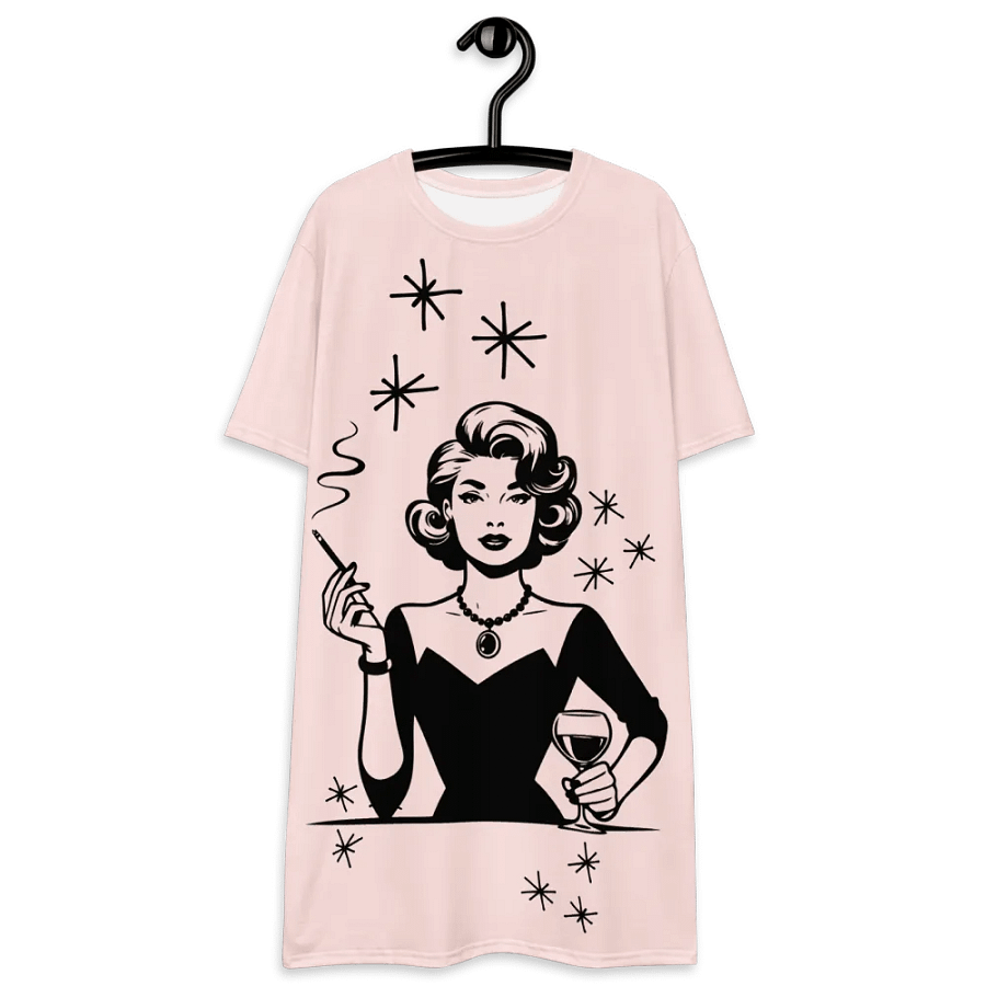 Retro Woman Drinking Wine T-Shirt Dress, Misty Rose product image (2)