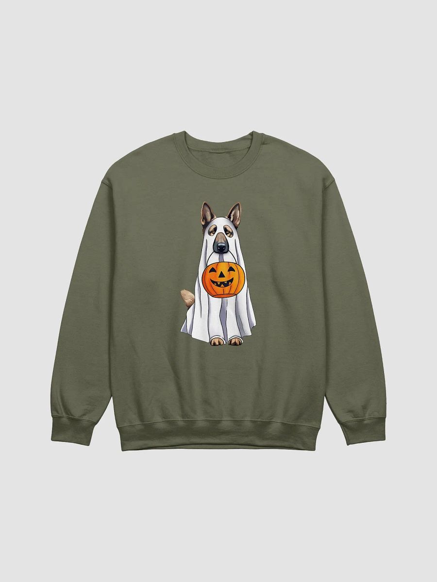 German Shepherd Halloween Sweatshirt | Funny Halloween German Shepherd Wearing a Ghost Costume with Pumpkin Basket product image (21)