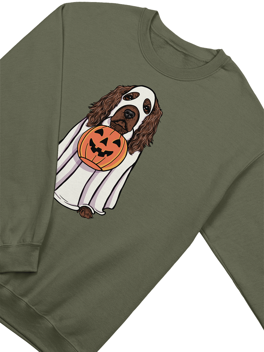Funny Halloween Cocker Spaniel(Liver) Sweatshirt | Funny Cocker Spaniel Wearing a Ghost Costume and Holding a Pumpkin Basket product image (18)