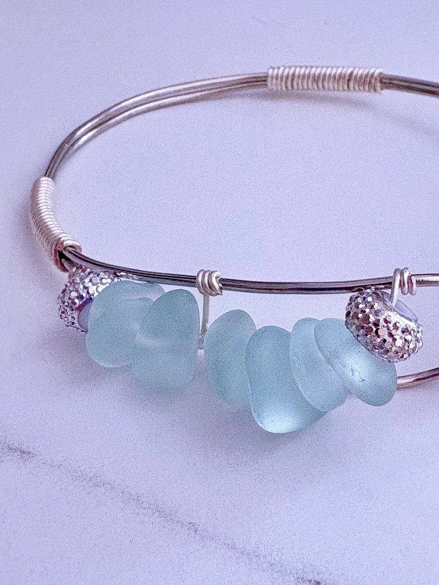 Seafoam Pebble Tide Bracelet | Wire-Wrapped Sea Glass | Handmade 7.75" Coastal Charm by Monique Faella Designs™ | MFD-00200 product image (3)