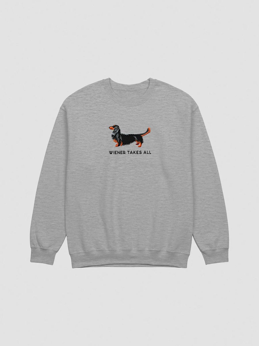 Wiener Takes All Sweatshirt (Embroidered) of a Longhaired Dachshund(Black & Tan) product image (10)