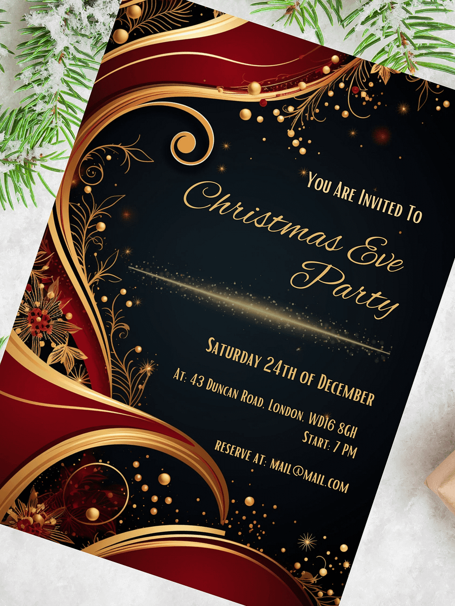 Red and Gold Christmas Eve Party Invitation | Editable in Canva | Christmas Party Printable | Holiday Invitation Template | Link to Canva product image (7)