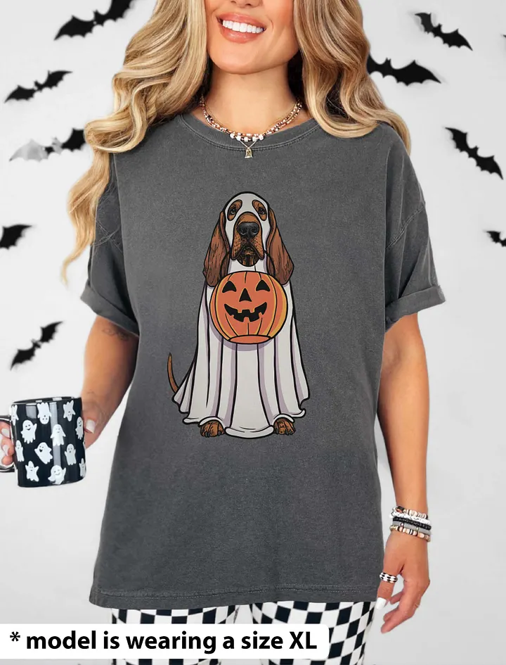 Funny Halloween Bloodhound(Red) T-Shirt | Funny Bloodhound Wearing a Ghost Costume and Holding a Pumpkin Basket product image (14)