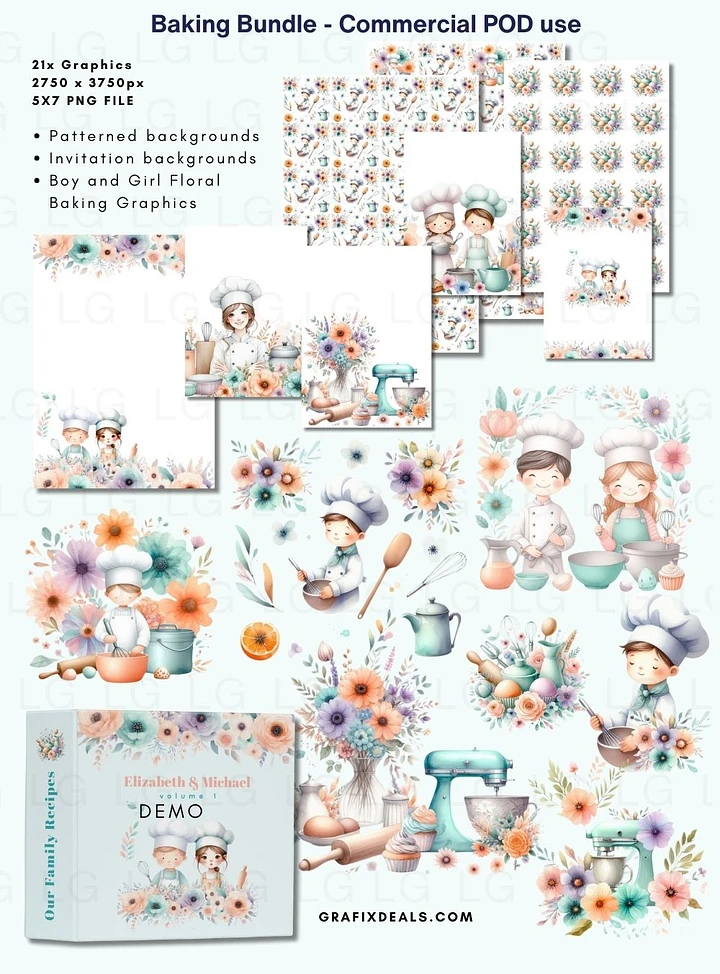 Kids Baking Themed Graphics Bundle - Boy Girl Floral - Commercial POD Use product image (1)
