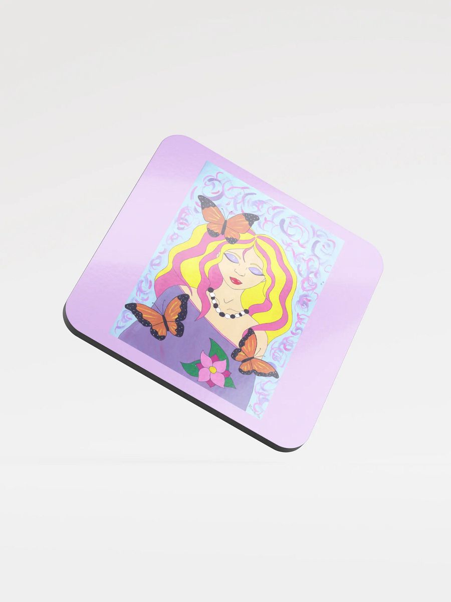 Butterfly spring woman (art by Dina R.) acrylic painting picture - Glossed Cork Coaster product image (1)