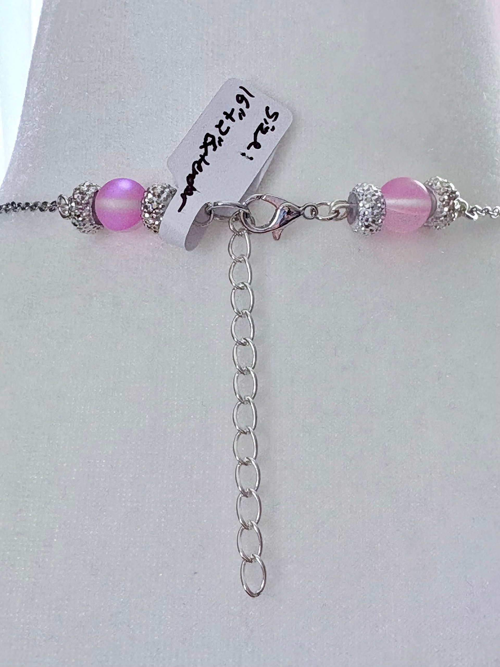 MFD-00269 | Pink Glass Crytal Pendant Necklace with Stainless Steel Link Chain and Paperclip Chain | October Birthstone Inspired | Handmade Jewelry by Monique Faella Designs™ product image (7)