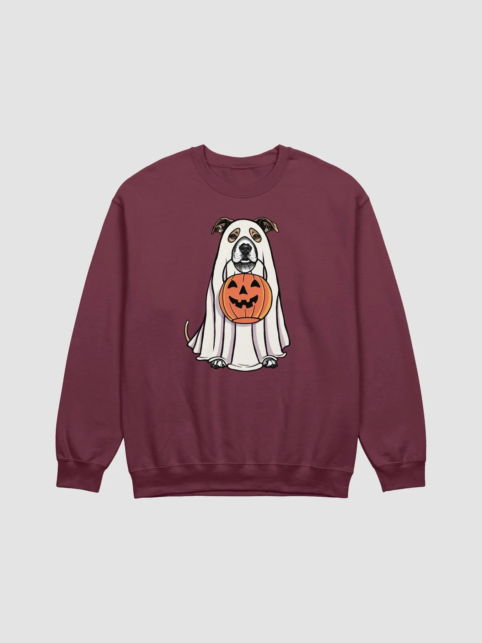 Funny Halloween Staffordshire Terrier(Fawn) Sweatshirt | Funny Staffy Wearing a Ghost Costume and Holding a Pumpkin Basket product image (12)