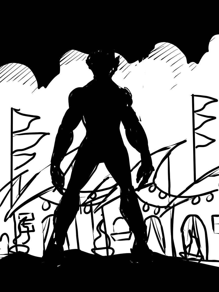 The sketch for the cover of novella 4 features a foreboding shadow figure in front of a vibrant village