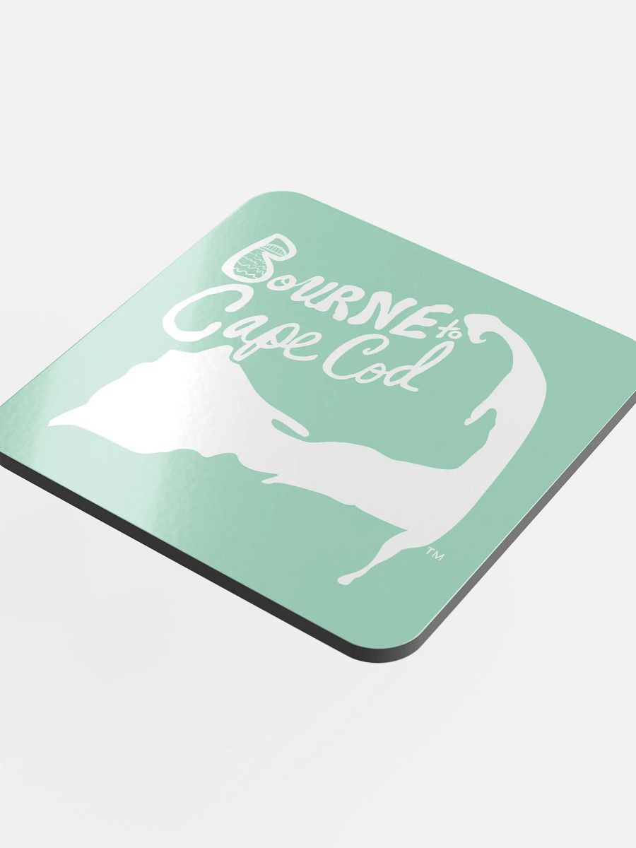 BOURNE to Cape Cod™ | Coastal Coaster | Glossed Cork | Eco-Friendly | Minimalist Coastal Decor | 3.74" Square | White Logo on Vista Blue Green product image (4)
