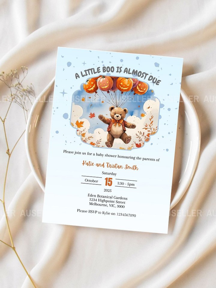 Teddy Bear In Sky With Pumpkin Balloons Halloween Baby Shower Invitation product image (2)