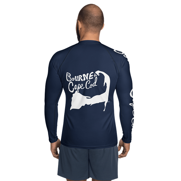 BRN.2C.C.™ /BOURNE to Cape Cod™ | Men’s Long Sleeve Rash Guard | UPF 50+ Active Coastal Shirt | White Logos on Navy Blue product image (2)