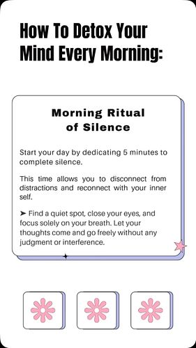 “Start your day with a clear mind 🌅✨

1️⃣ Morning Ritual of Silence: Take 5 minutes to breathe and connect with your inner se...