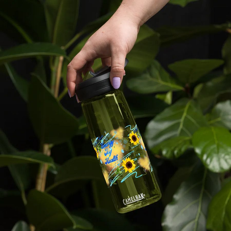Camelback water bottle   with beautiful sunflowerr blue water drops  featuring ' This water gives Harmony in Body and Mind