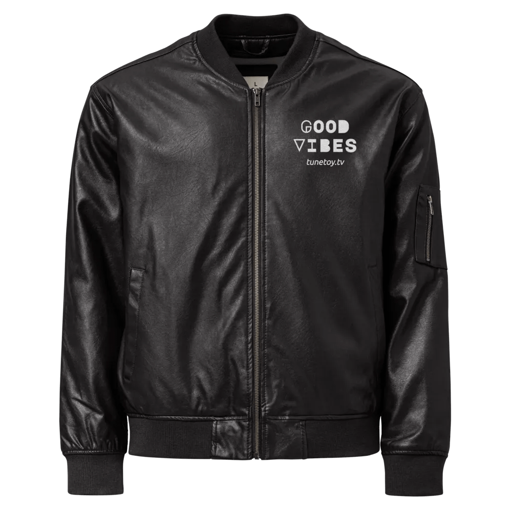 Embroidered Good Vibes Heavyweight Faux Leather Bomber Jacket product image (1)