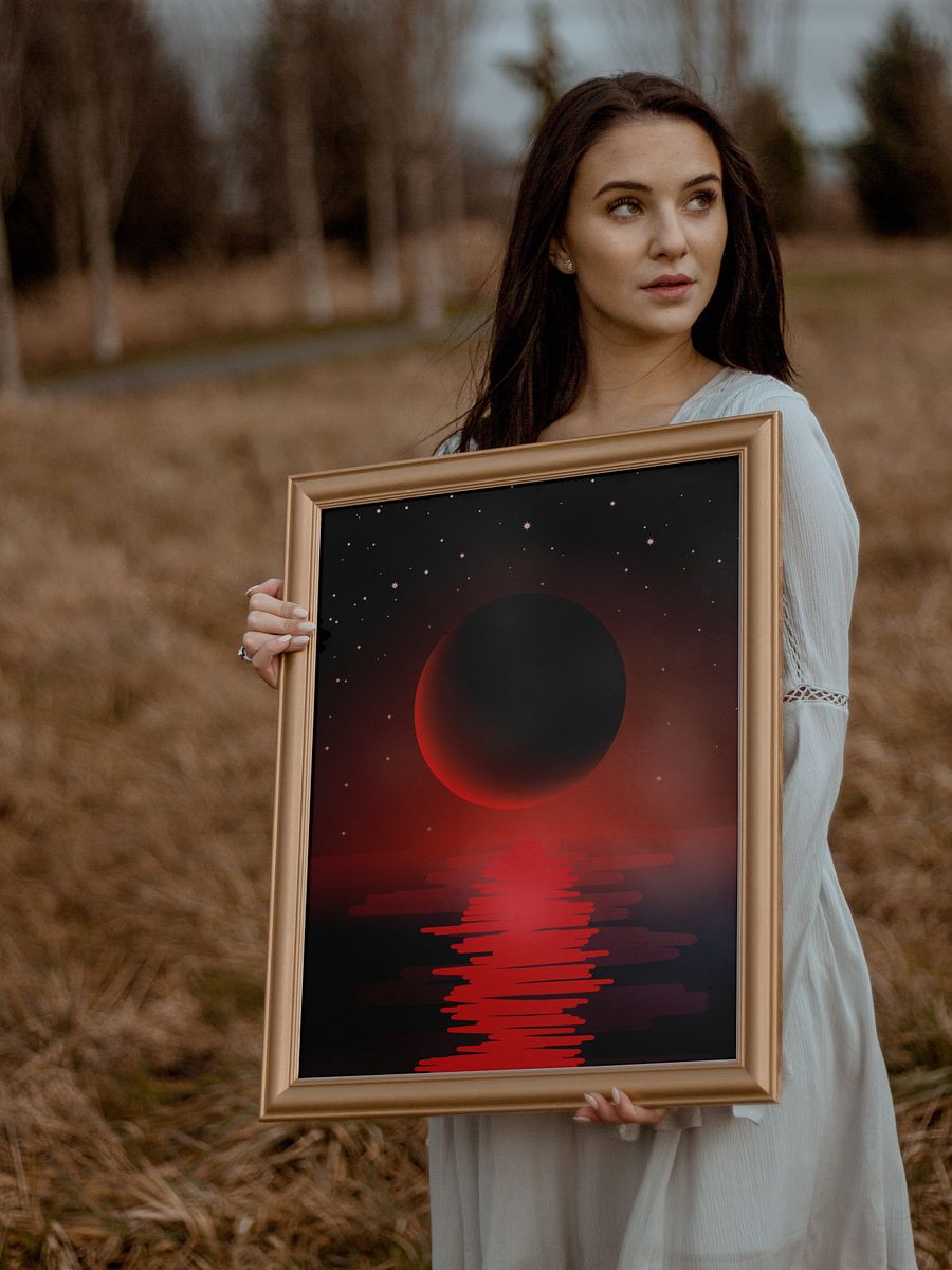 Scarlet Sea Serenade : Enchanting Nightscape Art Print with Bloody Moon Glow – Perfect for Dreamy Decor Lovers product image (6)