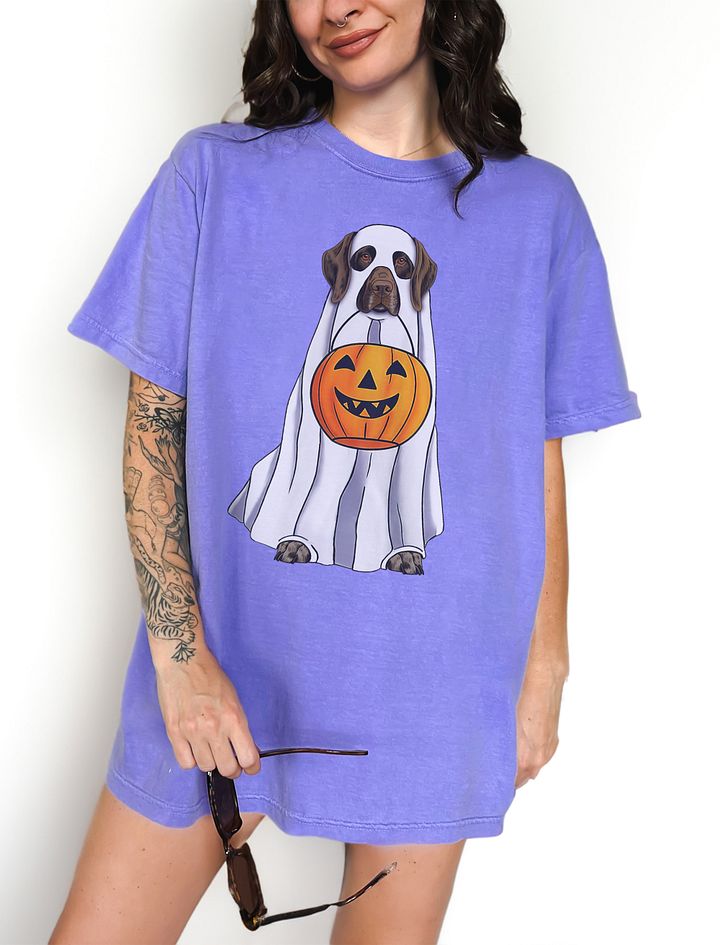 German Shorthaired Pointer (2) Halloween Tee | Funny Halloween GSP Wearing a Ghost Costume with Pumpkin Basket product image (21)