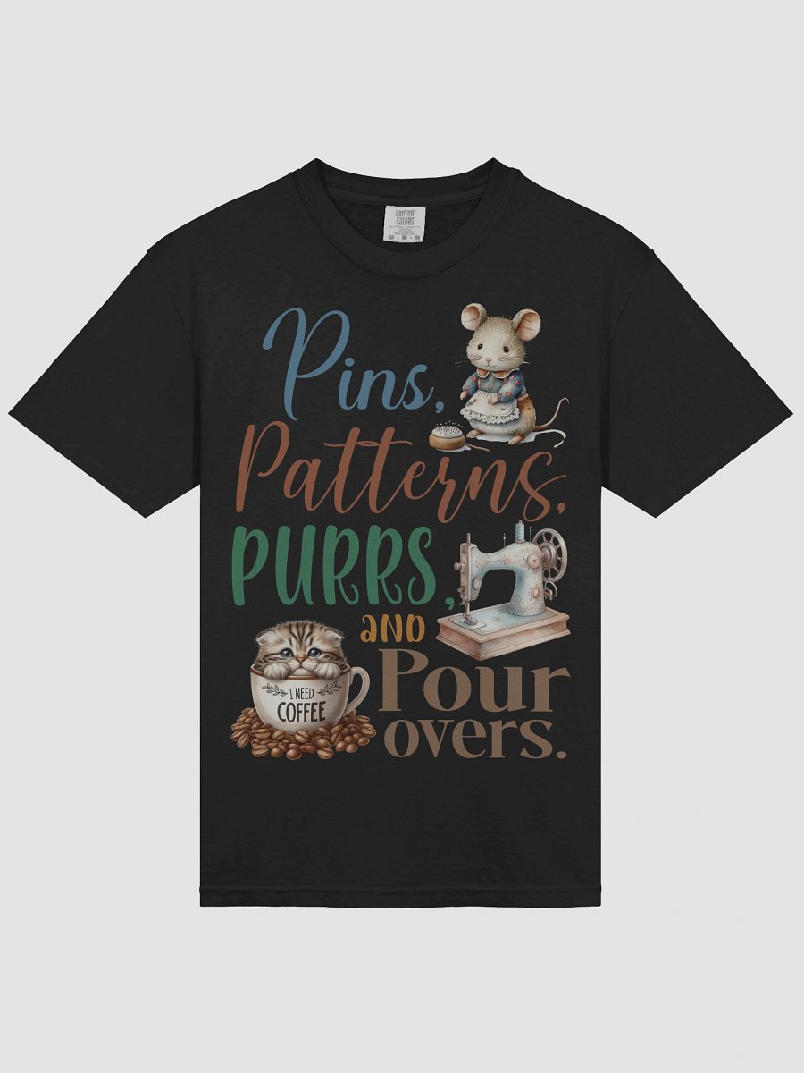 Whimsical Pins Patterns Purrs Coffee Sewing Cat T-Shirt product image (4)