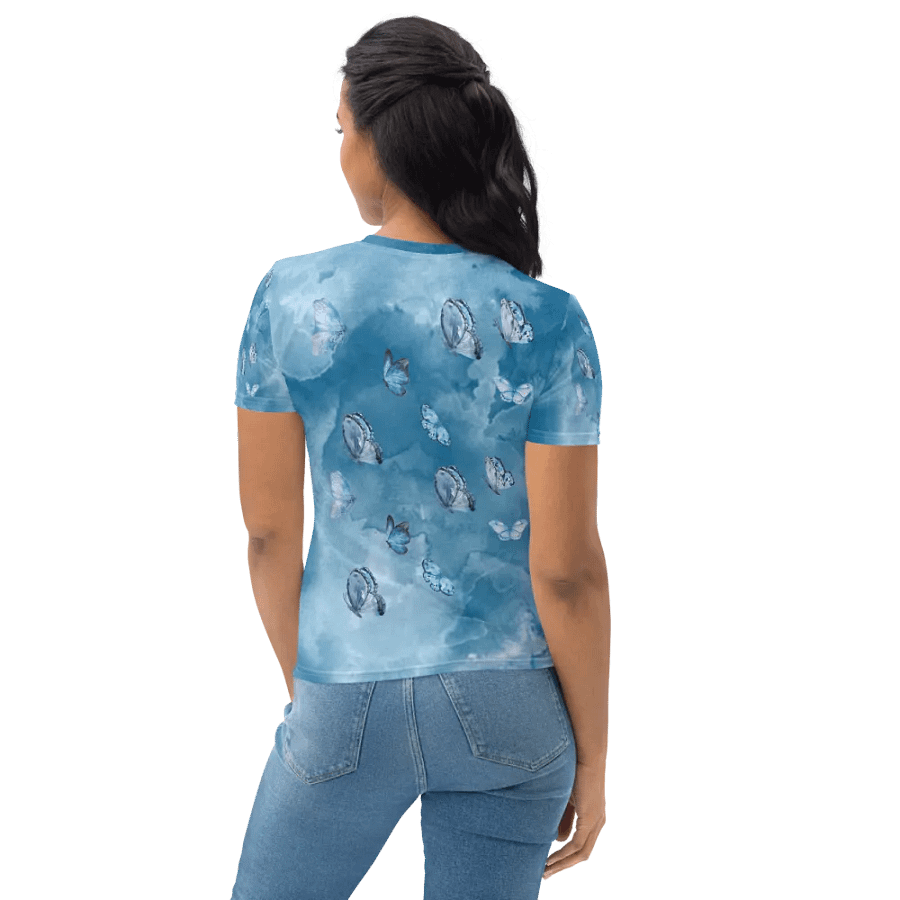 Womens all over printed t shit with light blue water color design with butterflies product image (7)