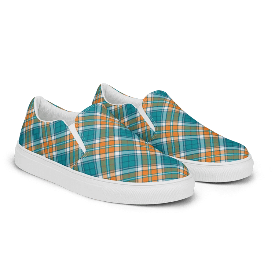 Turquoise and Orange Sporty Plaid Women's Slip On Shoes product image (3)