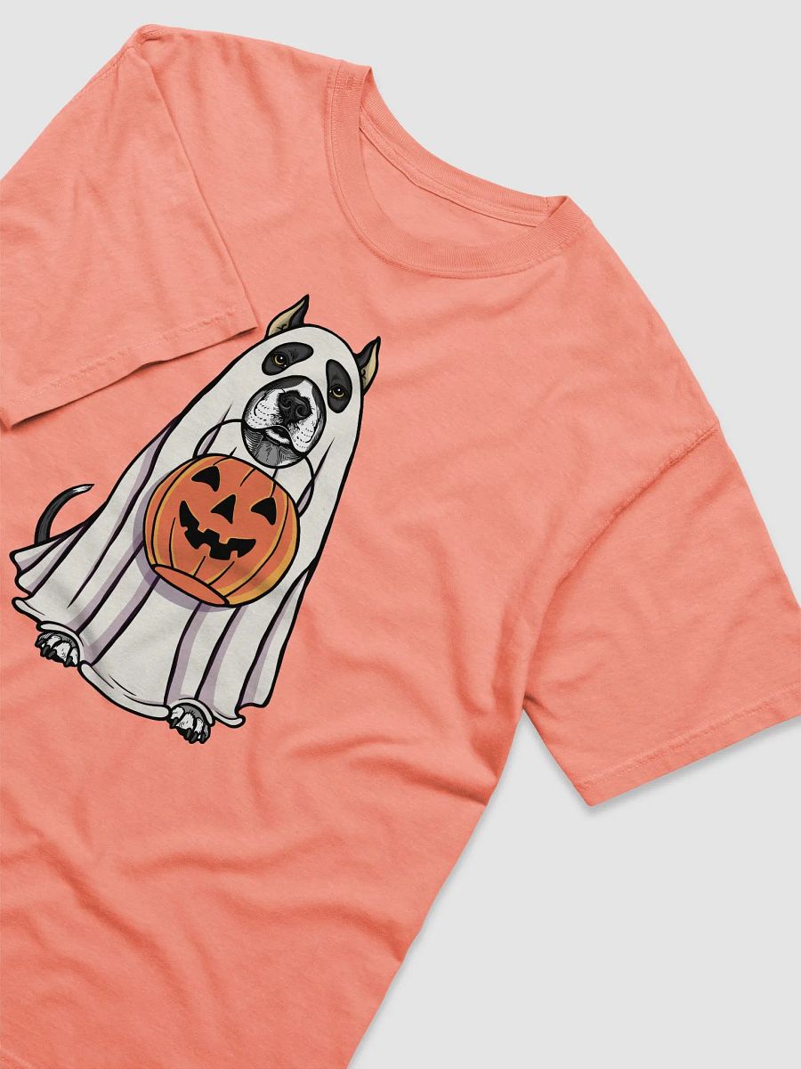 Funny Halloween Pitbull Terrier(Cropped Ears, Black) T-Shirt | Funny Pittie Wearing a Ghost Costume and Holding a Pumpkin Basket product image (24)