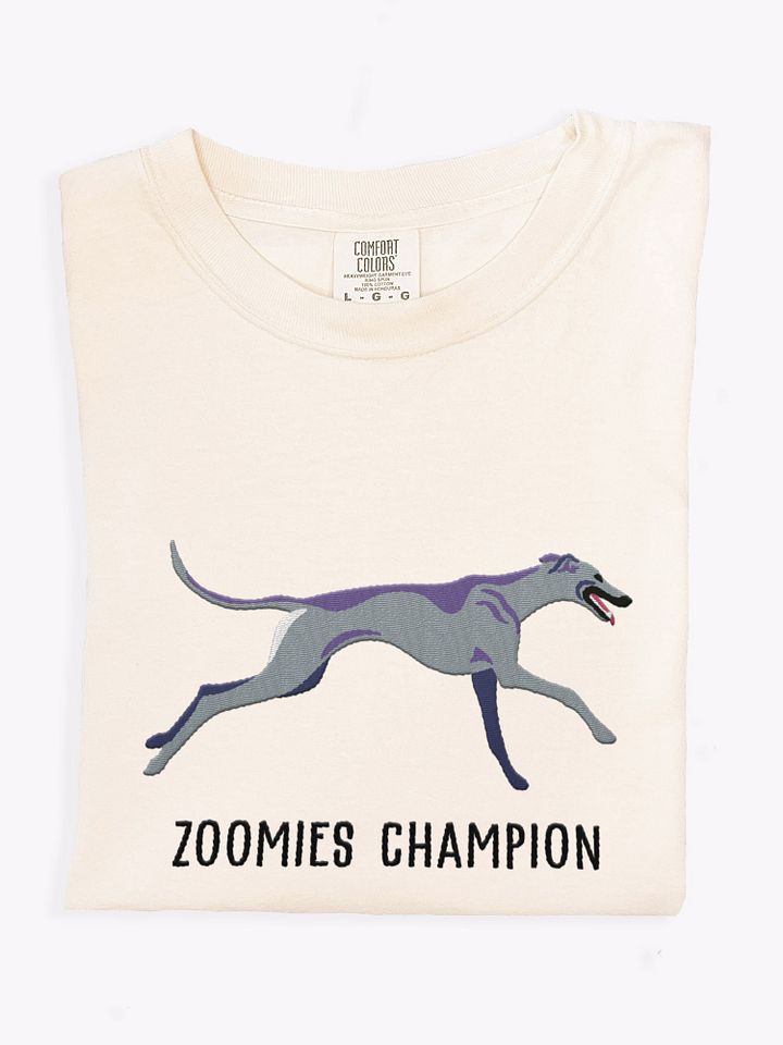 Zoomies Champion T-Shirt(Embroidered) of a Greyhound(Blue) product image (1)