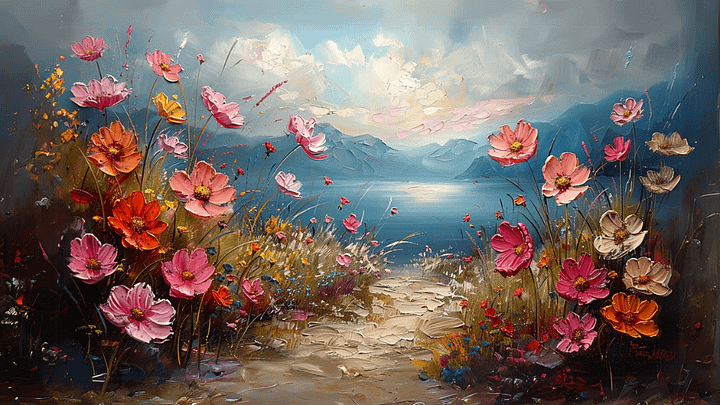 Vintage Romantic Flowers on the Way Painting - No Frame, Digital Download product image (1)